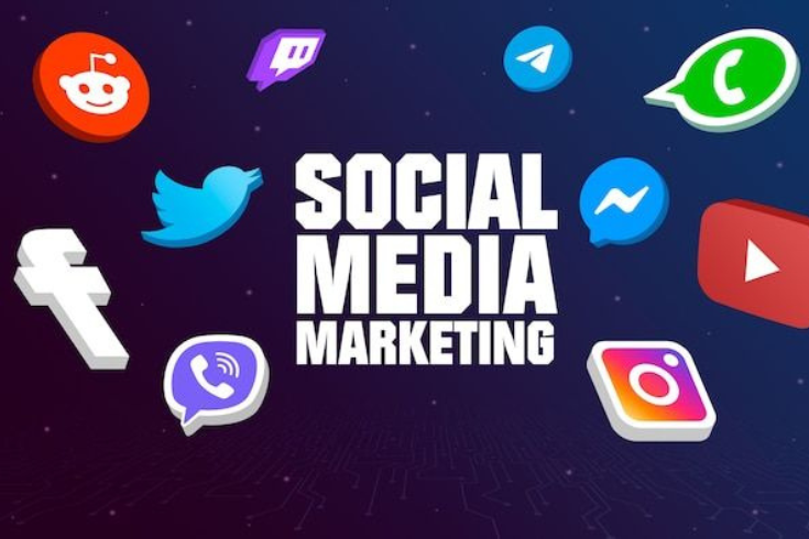 Social media marketing icons around bold text