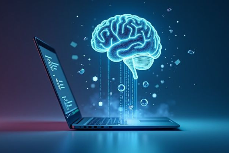 Digital brain hologram emerging from a laptop representing artificial intelligence