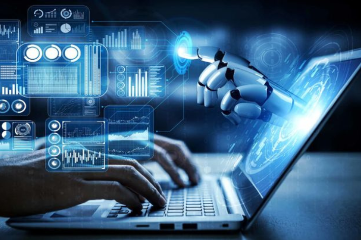 AI robot hand and human typing on laptop