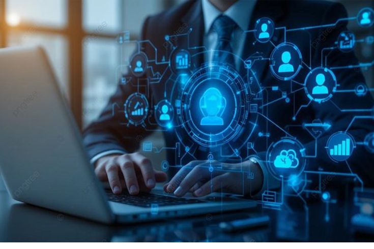 Businessman using laptop with digital HR and data analytics icons