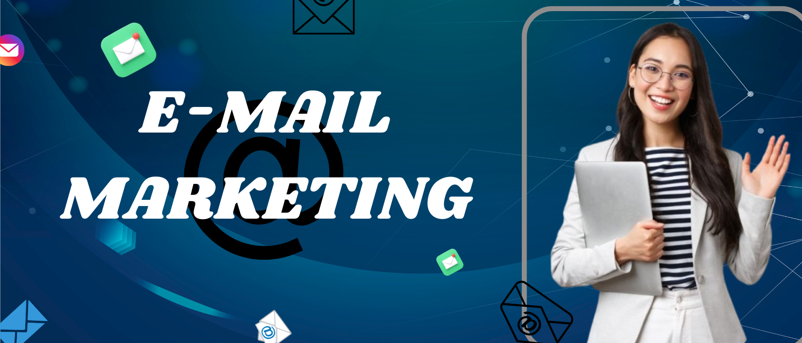 Woman holding laptop, email marketing banner