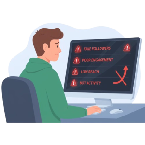 Person viewing social media analytics showing fake followers and low reach