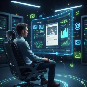 Man analyzing futuristic email marketing dashboard with analytics and growth charts on digital screen