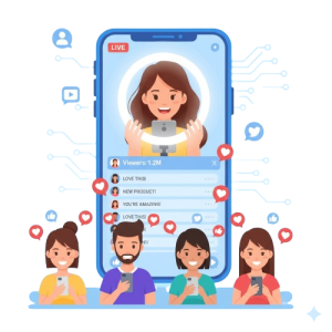 Illustration of a woman live streaming on a smartphone, with four people below watching and engaging with hearts and comments