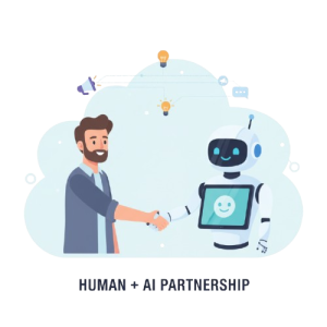 Illustration of a man and a robot shaking hands under the title 'HUMAN + AI PARTNERSHIP