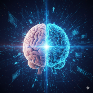 Half human brain and half digital brain representing human and artificial intelligence