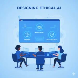 Illustration titled 'DESIGNING ETHICAL AI' showing three people collaborating around a table, with a screen above them displaying icons for Fairness, Transparency, and Accountability