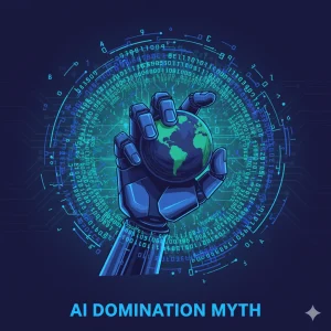 Image titled 'AI DOMINATION MYTH' showing a robotic hand gently holding a small globe of the Earth, encircled by digital data