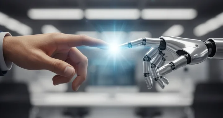 Human hand and robot hand reaching toward each other, symbolizing human-AI connection