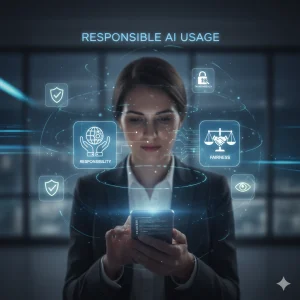 Business professional using smartphone surrounded by digital icons symbolizing responsible AI usage, fairness, and transparency