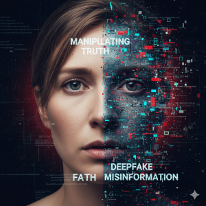 Half human face and half digital deepfake image showing manipulation and misinformation