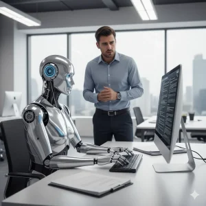 Robot and human working together at a computer in a modern office