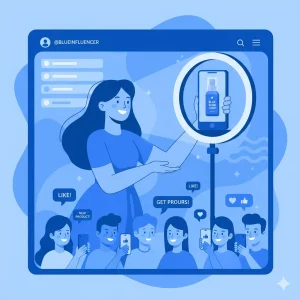 Illustration of a female influencer with a ring light and social media followers