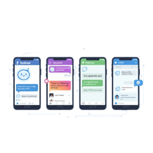 Illustration showing chatbot conversations on four different social media platforms: Facebook, Instagram, WhatsApp, and Twitter