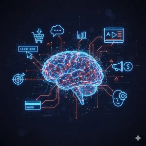 Brain linked to digital marketing icons.