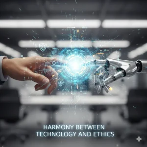 Human hand and robotic hand reaching toward each other, symbolizing harmony between technology and ethics