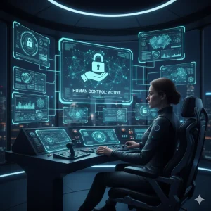 Person operating futuristic control system with human control and security interface