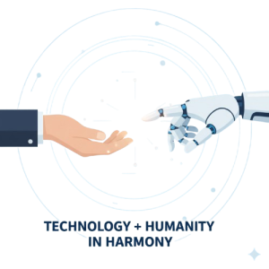 Human hand and robot hand reaching out, symbolizing technology and humanity in harmony