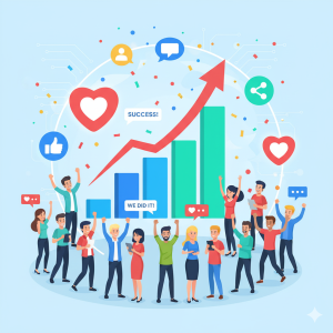 Illustration of community-driven marketing success with people celebrating growth on a bar chart.