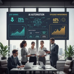 Business team discussing AI automation with analytics charts on screen