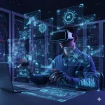 Man using virtual reality headset and gloves to interact with holographic AI data and digital interfaces