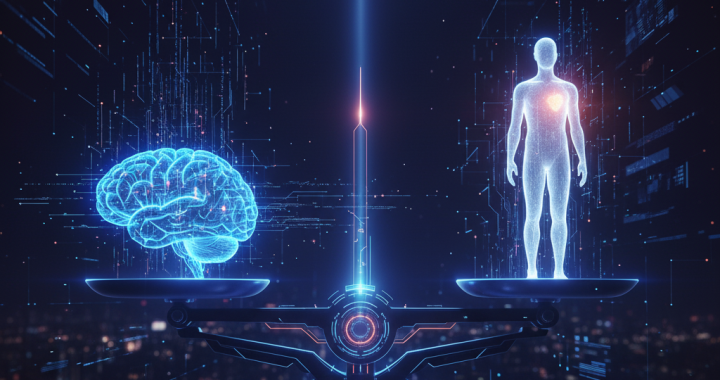 Digital scale balancing a human figure and a brain, symbolizing power and responsibility in AI