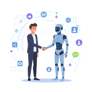 Illustration of a businessman shaking hands with a robot, symbolizing partnership