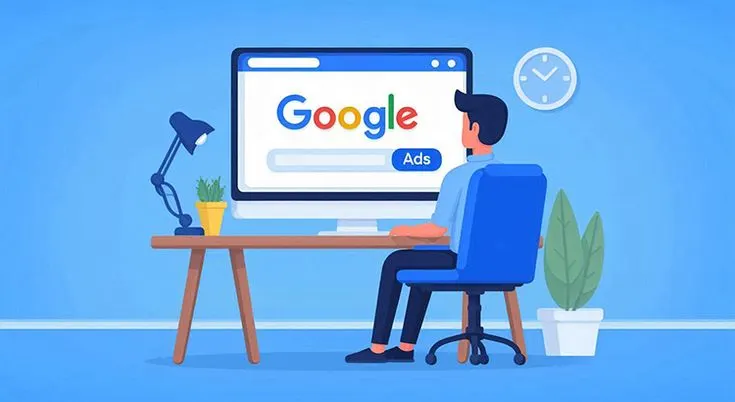 Cartoon person at dark viewing google search ads