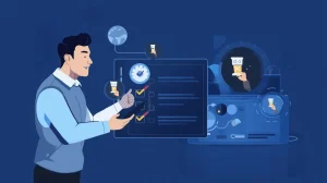 Illustration of people reviewing technical website data."