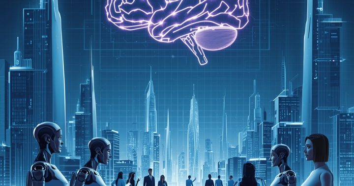 Sci-fi image of a glowing human brain floating above people standing in a futuristic, blue-lit cityscape
