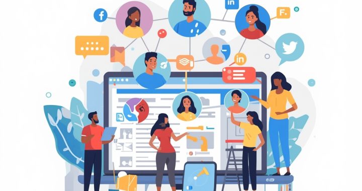 Illustration of a group of people networking on a social media or professional platform displayed on a large screen