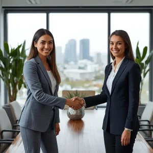 Two businesswomen in formal attire shaking hands and smiling in a modern office setting