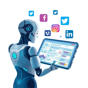 white robot using a laptop for social media