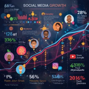 Social media growth infographic with statistics and charts."