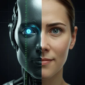 Half human face and half robot face representing AI and human intelligence