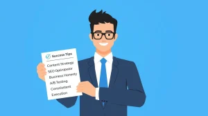 Illustration of a business professional holding a sheet of paper with pro tips."