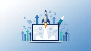 Rocket launching from a laptop with upward-trending arrows