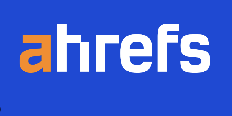 Ahrefs logo on blue background.