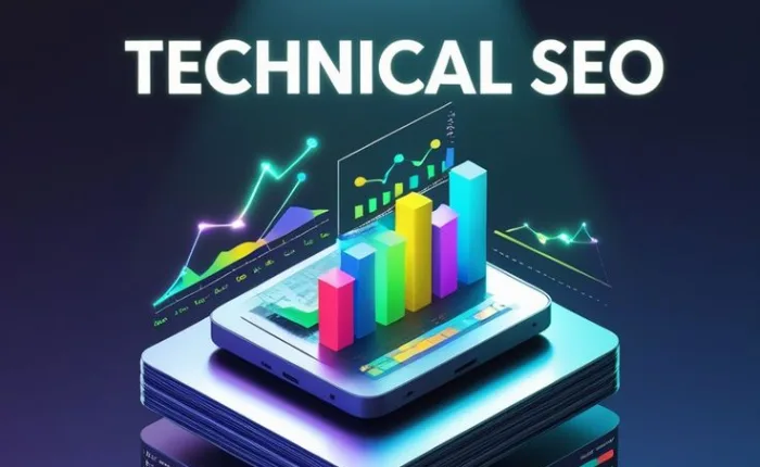 Technical SEO analytics dashboard illustration.