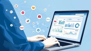 Person working on a laptop analyzing data and charts