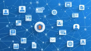 Blue illustration of a data network with various digital icons