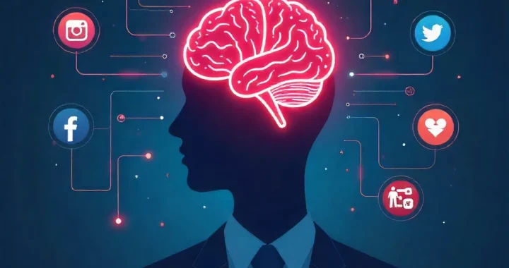 Silhouette of a person with a glowing digital brain and social media icons