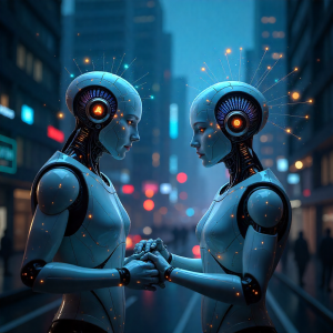 Two futuristic robots holding hands in a digital city background
