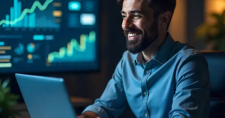 Smiling man working on laptop with rising data charts on screen in background