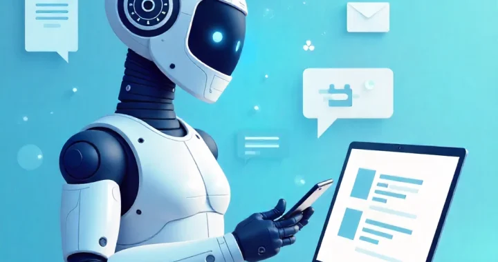 Blue robot using a laptop for social media