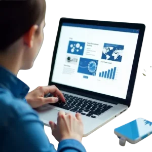 Person working on a laptop displaying charts and data analysis