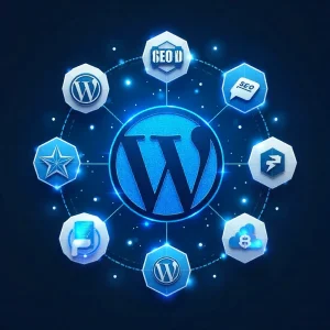 WordPress logo surrounded by SEO and security icons