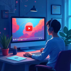 Person watching a video on a large computer screen at night."