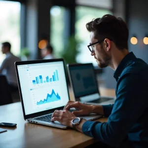 Man analyzing data and charts on laptop in modern office