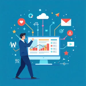 "Illustration of a person tracking social media and sales data on a computer."